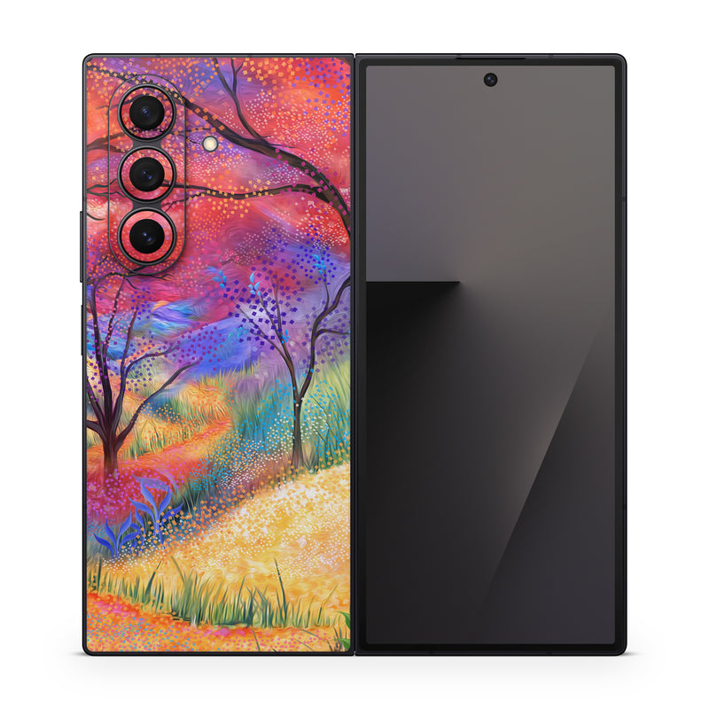 Samsung Galaxy Z Fold7 Skin design of Plant, Art paint, Paint, Botany, Natural environment, Natural landscape, Leaf, Branch, People in nature, Tree, with red, blue, yellow, green, purple, orange, black, white colors