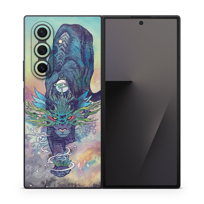 Samsung Galaxy Z Fold7 Skin design of Illustration, Fictional character, Graphic design, Demon, Art, Fiction, Cg artwork, Supernatural creature, with blue, green, black, white, yellow, orange, pink, purple colors