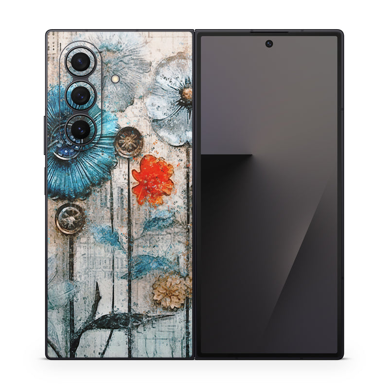 Samsung Galaxy Z Fold7 Skin design of Plant, Blue, Petal, Textile, Paint, Flower, Art, Creative arts, Pattern, Rectangle, with white, brown, black, yellow, blue, red, gray colors