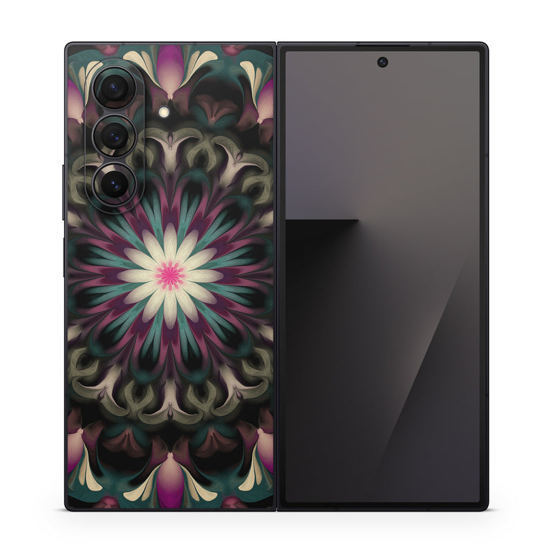 Samsung Galaxy Z Fold7 Skin design of Fractal art, Pattern, Pink, Psychedelic art, Art, Kaleidoscope, Design, Symmetry, Visual arts, Textile, with black, purple, white, green, blue colors