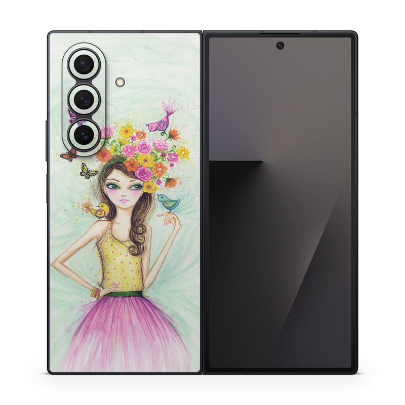 Samsung Galaxy Z Fold7 Skin design of Pink, Illustration, Fashion illustration, Watercolor paint, Fictional character, Dress, Hair accessory, Wildflower, Costume, Plant, with blue, pink, yellow, orange, purple, brown, green colors