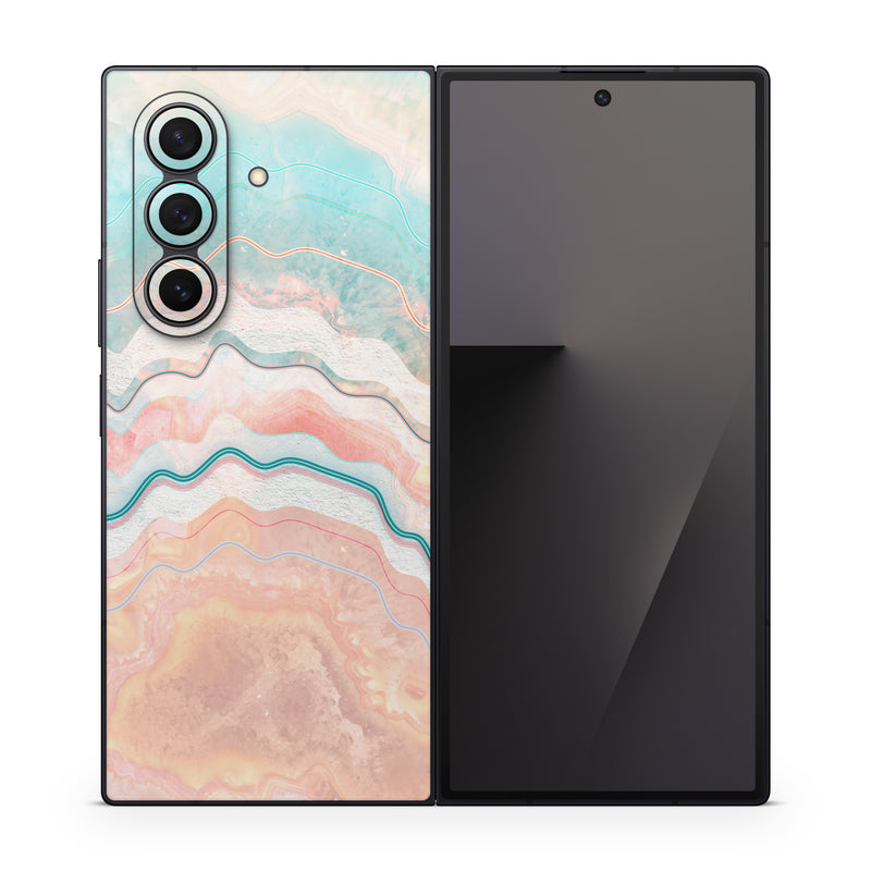 Samsung Galaxy Z Fold7 Skin design of Aqua, Line, Pattern, Watercolor paint, Design, Illustration, Art, with blue, pink, white, orange, yellow colors