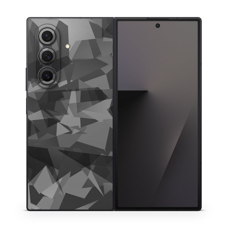Samsung Galaxy Z Fold7 Skin design of Black, Pattern, Triangle, Black-and-white, Monochrome, Grey, Design, Line, Architecture, Monochrome photography, with black, gray colors