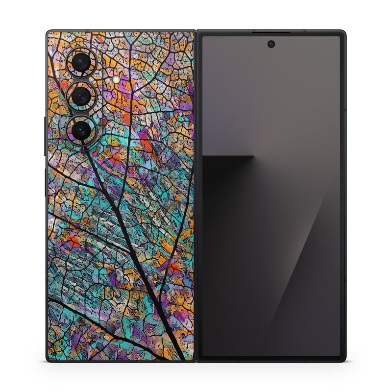 Samsung Galaxy Z Fold7 Skin design of Pattern, Colorfulness, Line, Branch, Tree, Leaf, Design, Visual arts, Glass, Plant, with black, gray, red, blue, green colors