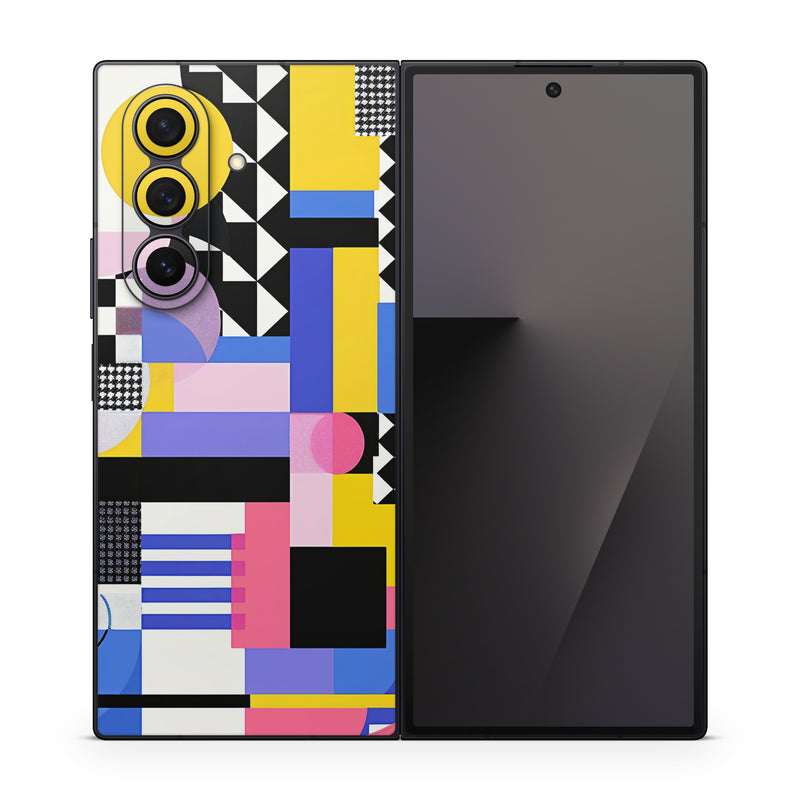 Samsung Galaxy Z Fold7 Skin design of White, Black, Rectangle, Font, Art, Red, Pattern, Tints and shades, Circle, Electric blue, with blue, white, black, yellow, pink, purple colors