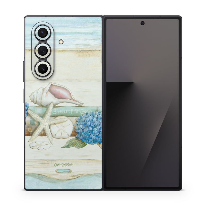 Samsung Galaxy Z Fold7 Skin design of Starfish, Shell, Hydrangea, Plant, Flower, Still life, Echinoderm, Cornales, with gray, green, blue, yellow colors