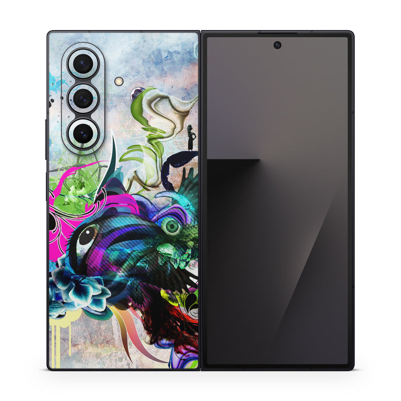 Samsung Galaxy Z Fold7 Skin design of Graphic design, Psychedelic art, Art, Illustration, Purple, Visual arts, Graffiti, Street art, Design, Painting, with gray, black, blue, green, purple colors