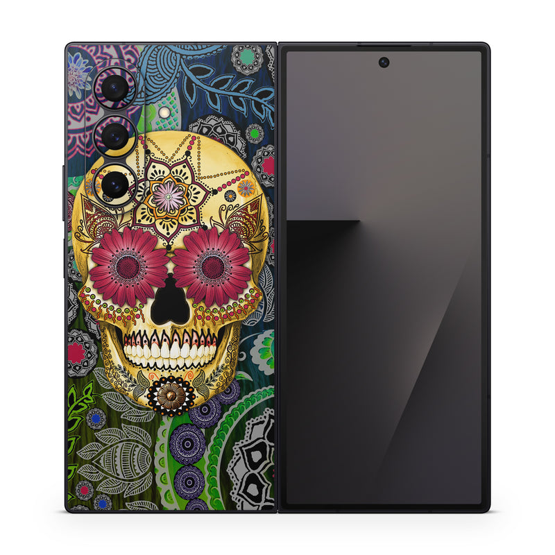 Samsung Galaxy Z Fold7 Skin design of Skull, Bone, Pattern, Psychedelic art, Visual arts, Design, Illustration, Art, Textile, Plant, with black, red, gray, green, blue colors