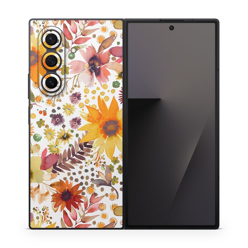Samsung Galaxy Z Fold7 Skin design of Flower, Plant, Petal, Botany, Textile, Orange, Line, Groundcover, Creative arts, Flowering plant, with white, yellow, pink, green, brown, orange colors