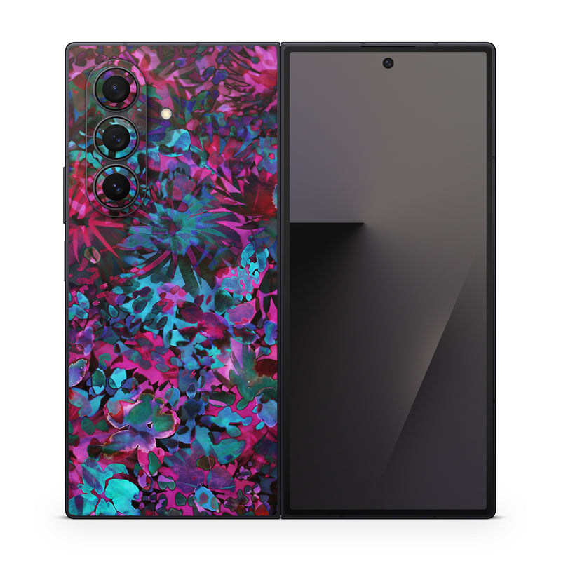 Samsung Galaxy Z Fold7 Skin design of Pink, Purple, Violet, Lilac, Flower, Leaf, Plant, Magenta, Botany, Pattern, with black, pink, purple, blue, green colors