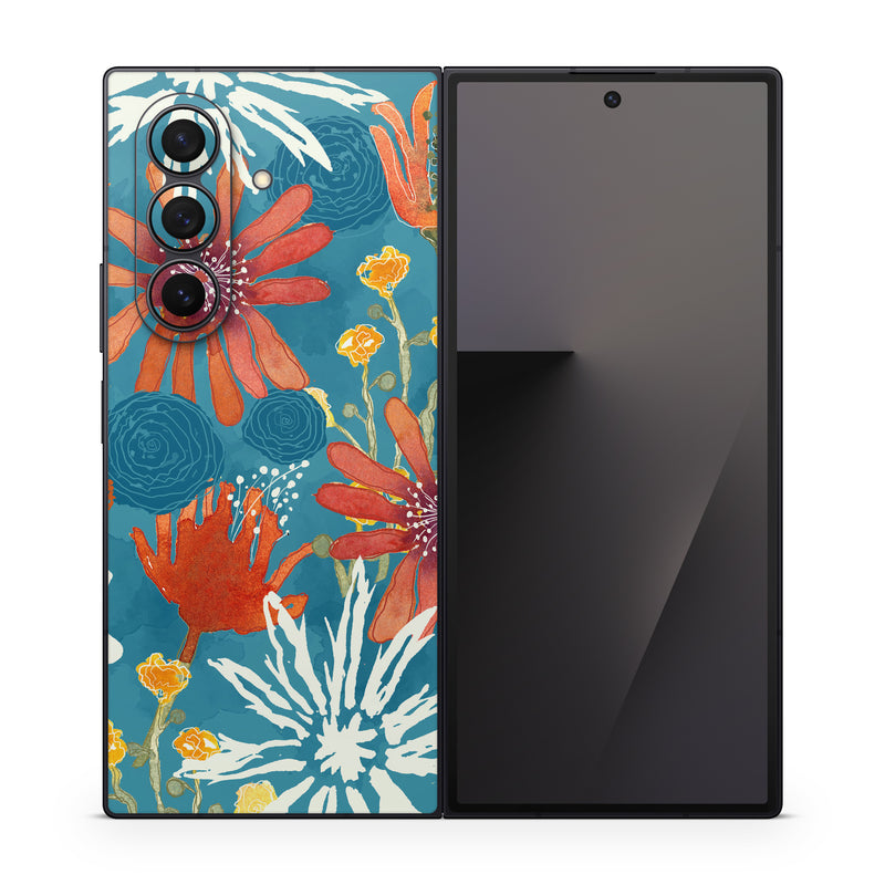 Samsung Galaxy Z Fold7 Skin design of Pattern, Visual arts, Wrapping paper, Design, Wildflower, Floral design, Textile, Flower, Plant, Motif, with blue, red, gray, yellow, green colors