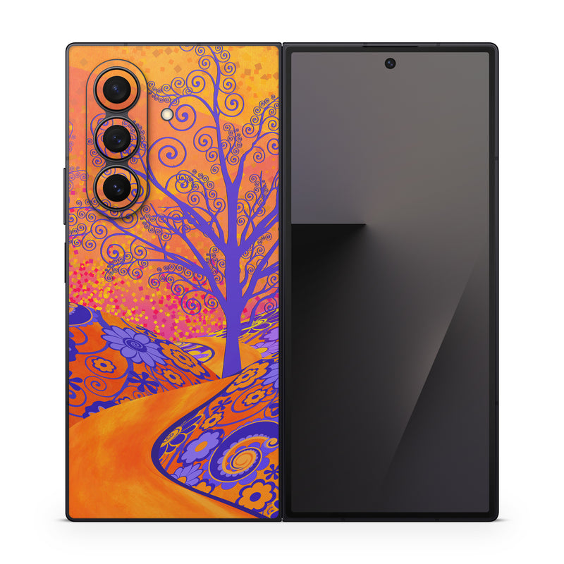 Samsung Galaxy Z Fold7 Skin design of Blue, Orange, Art, Acrylic paint, Modern art, Pattern, Visual arts, Painting, Majorelle blue, Psychedelic art, with orange, yellow, red, purple colors
