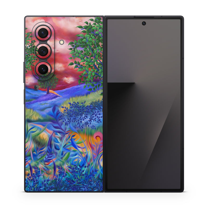Samsung Galaxy Z Fold7 Skin design of Art paint, Plant, Plant community, Paint, Natural landscape, People in nature, Vegetation, Grass, Art, Painting, with blue, red, green, orange, yellow, pink, white colors