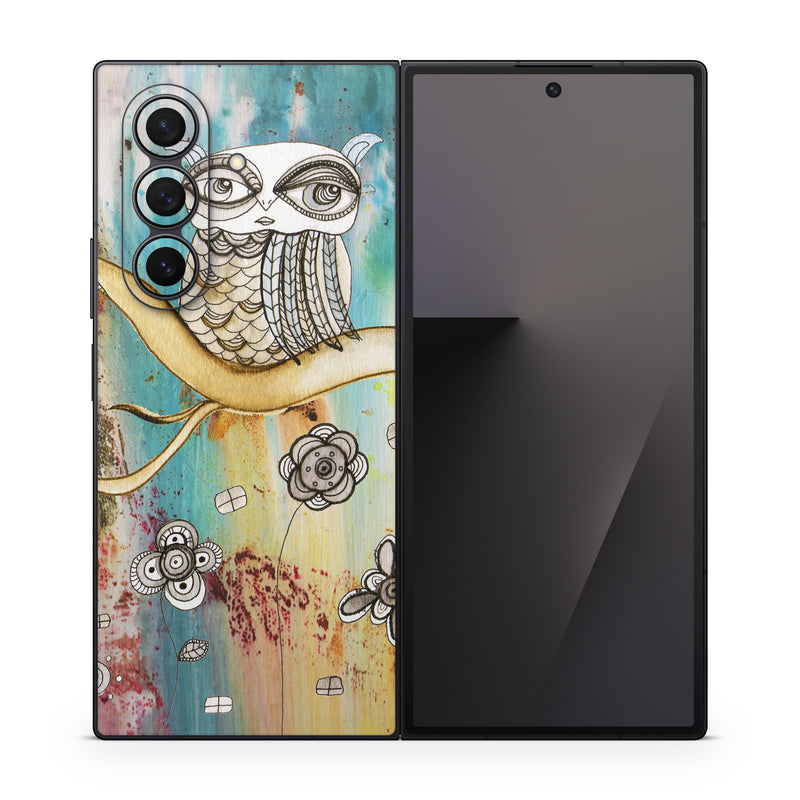 Samsung Galaxy Z Fold7 Skin design of Owl, Pink, Illustration, Art, Visual arts, Watercolor paint, Organism, Modern art, Graphic design, Pattern, with gray, red, green, black, blue, purple colors