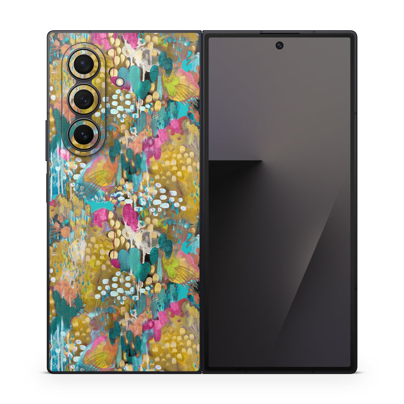Samsung Galaxy Z Fold7 Skin design of Pattern, Textile, Design, Art, Visual arts, Wildflower, with green, gray, blue, black, red colors