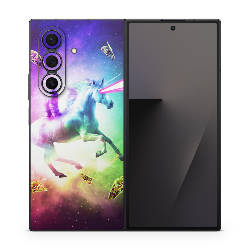 Samsung Galaxy Z Fold7 Skin design of Fictional character, Illustration, Unicorn, Graphic design, Sky, Space, Mythical creature, Cg artwork, Art, Mythology, with black, white, blue, green, purple, pink, red colors