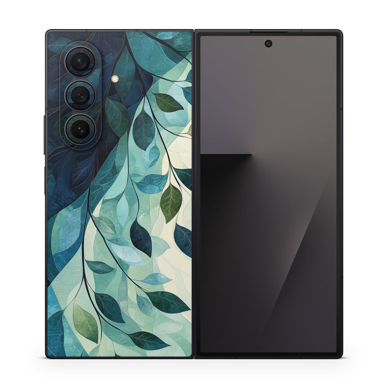 Samsung Galaxy Z Fold7 Skin design of Blue, Natural material, Modern art, Wallpaper, Paint, Motif, with white, blue, green, yellow colors