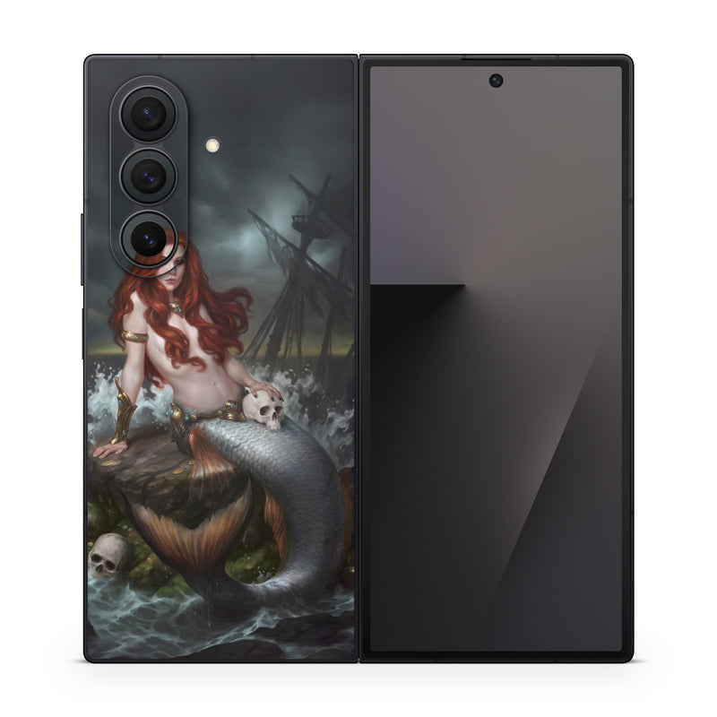 Samsung Galaxy Z Fold7 Skin design of Mermaid, Cg artwork, Illustration, Fictional character, Mythology, Mythical creature, Art, Long hair, Woman warrior, Sitting, with black, brown, red, yellow, white, gray colors