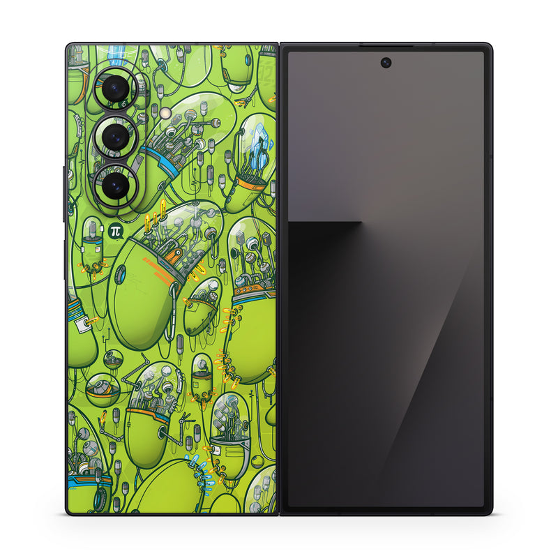 Samsung Galaxy Z Fold7 Skin design of Green, Pattern, Yellow, Design, Illustration, Plant, Art, Graphic design, Urban design, with green, blue, gray, yellow, orange colors