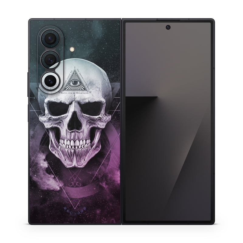 Samsung Galaxy Z Fold7 Skin design of Skull, Bone, Illustration, Font, Jaw, Fictional character, Graphic design, Graphics, Art, with black, white, gray, purple colors