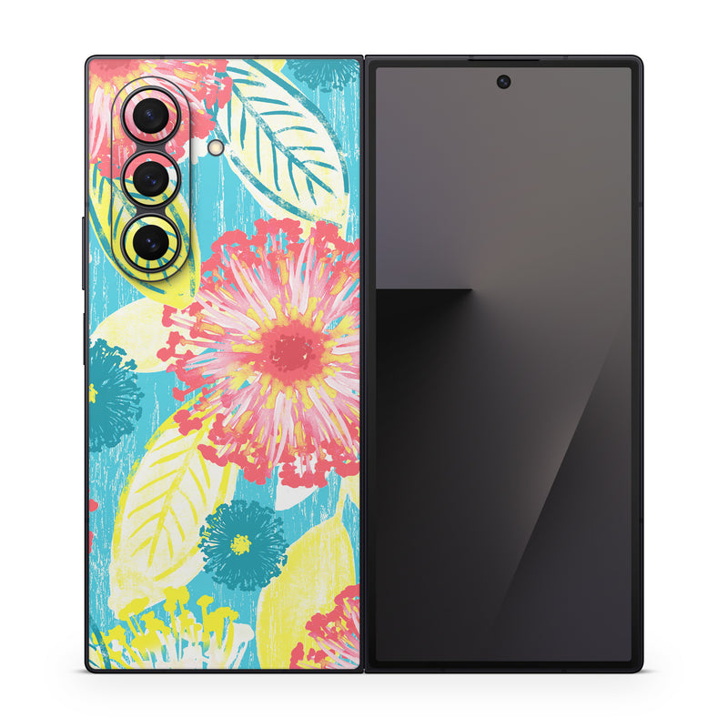 Samsung Galaxy Z Fold7 Skin design of Pattern, Design, Flower, Floral design, Plant, Textile, Wrapping paper, Wildflower, Visual arts, with pink, gray, blue, yellow colors