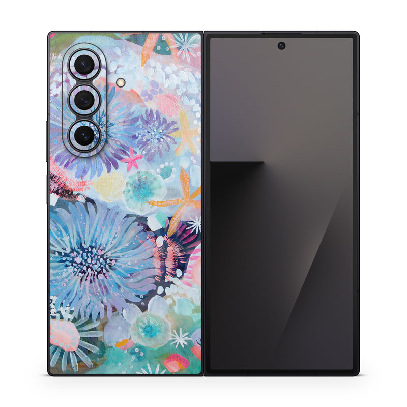 Samsung Galaxy Z Fold7 Skin design of Pattern, Aqua, Textile, Design, Watercolor paint, Visual arts, Flower, Art, Plant, Illustration, with blue, orange, pink, purple, green, white colors