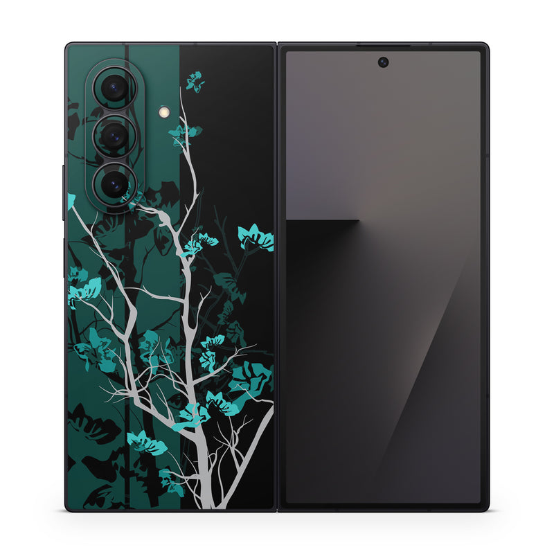 Samsung Galaxy Z Fold7 Skin design of Branch, Black, Blue, Green, Turquoise, Teal, Tree, Plant, Graphic design, Twig, with black, blue, gray colors