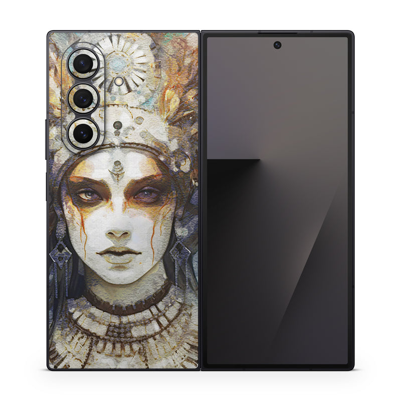 Samsung Galaxy Z Fold7 Skin design of Eye, Paint, Eyelash, Painting, Art, Headpiece, Beauty, Feather, Illustration, Mask, with white, black, yellow, brown, gray, blue colors