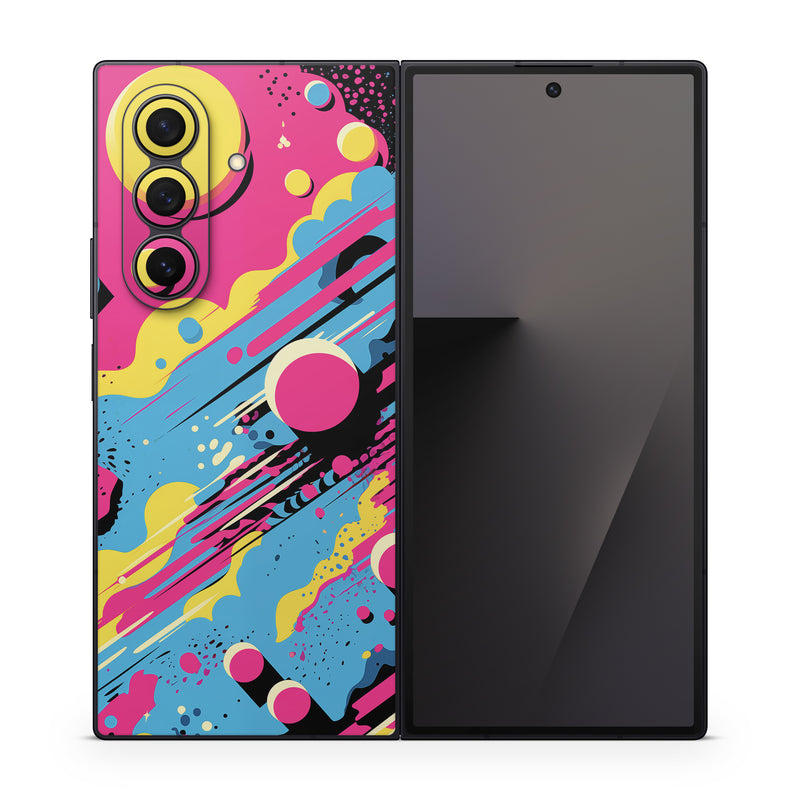 Samsung Galaxy Z Fold7 Skin design of Colorfulness, Paint, Art, Font, Line, Material property, Magenta, Pattern, Illustration, Circle, with pink, yellow, blue, black, white colors