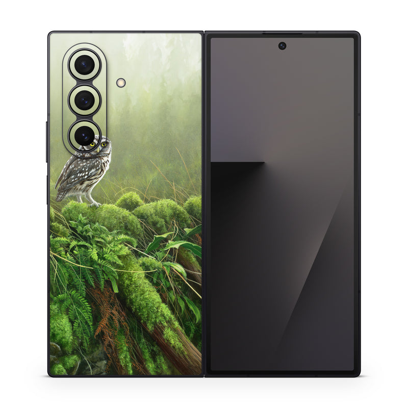 Samsung Galaxy Z Fold7 Skin design of Nature, Owl, Bird, Bird of prey, great grey owl, Adaptation, Terrestrial plant, Wildlife, Plant, Organism, with brown, gray, green, white colors