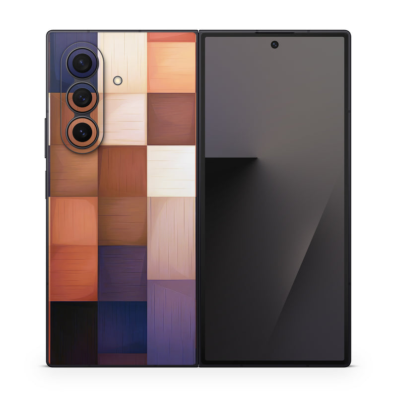 Samsung Galaxy Z Fold7 Skin design of Brown, Light, Rectangle, Product, Wood, Blue, Orange, Amber, Textile, Wood stain, with yellow, orange, red, black, brown, blue, purple colors