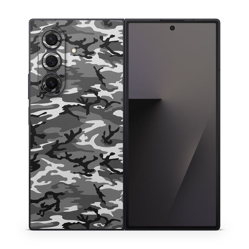 Samsung Galaxy Z Fold7 Skin design of Military camouflage, Pattern, Clothing, Camouflage, Uniform, Design, Textile, with black, gray colors