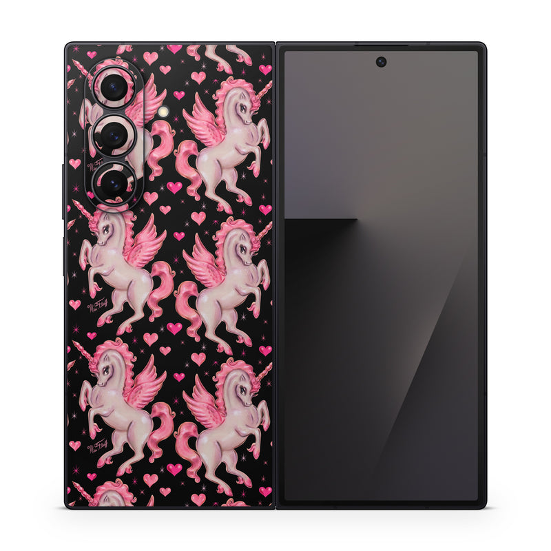 Samsung Galaxy Z Fold7 Skin design of Pink, Pattern, Fictional character, Design, Illustration, Font, Unicorn, Graphic design, Mythical creature, Art, with black, pink colors