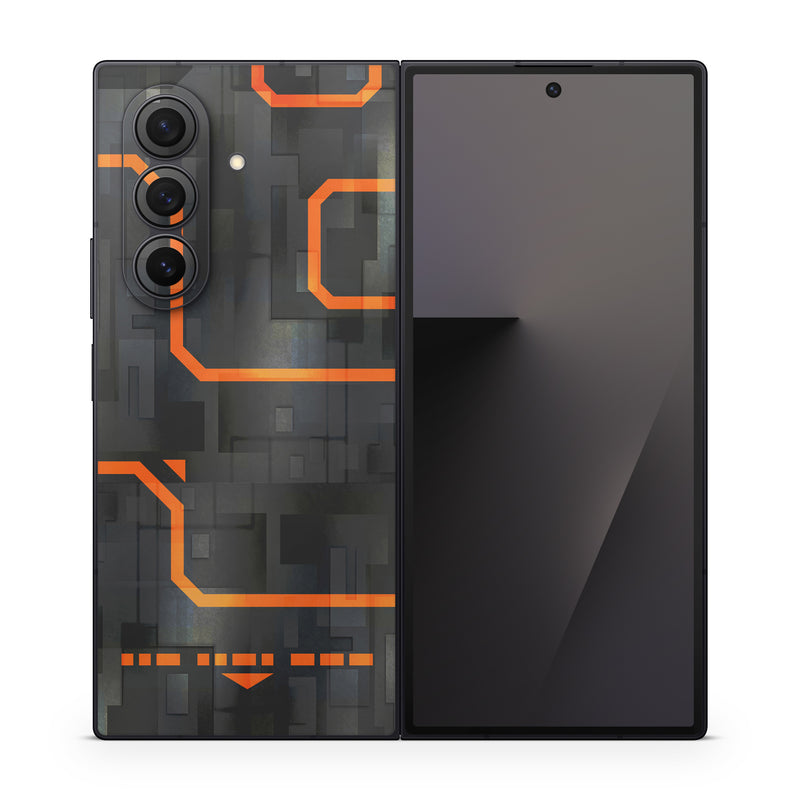 Samsung Galaxy Z Fold7 Skin design of Orange, Font, Parallel, Pattern, Graphics, Rectangle, Logo, Brand, Graphic design, Event, with black, orange colors