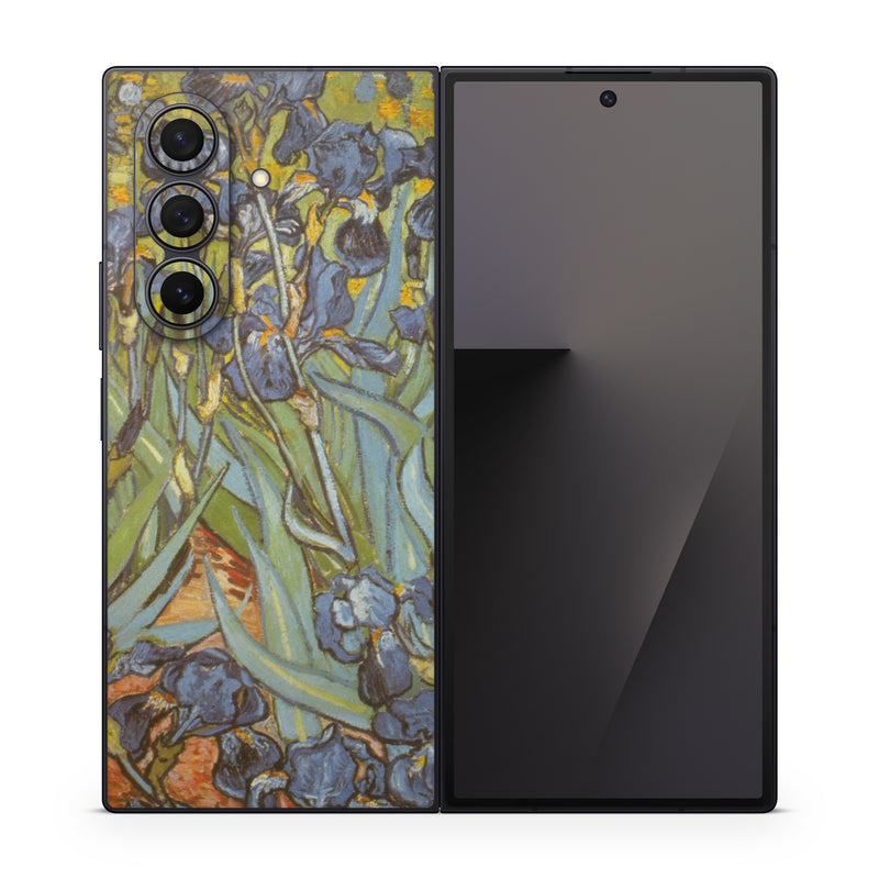 Samsung Galaxy Z Fold7 Skin design of Painting, Plant, Art, Flower, Iris, Modern art, Perennial plant, with gray, green, black, red, blue colors