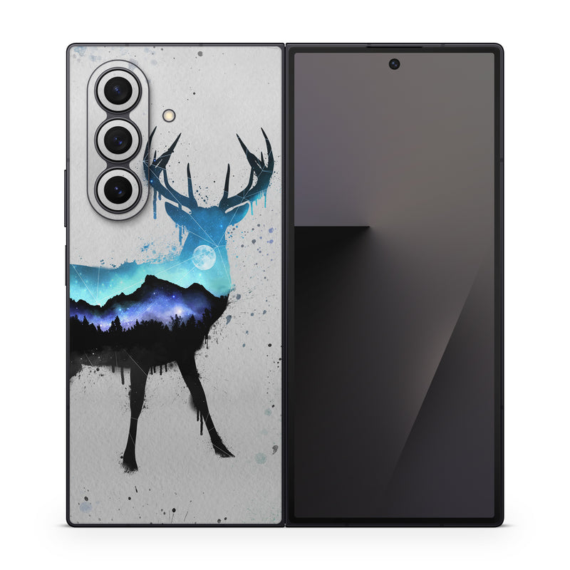 Samsung Galaxy Z Fold7 Skin design of Reindeer, Deer, Illustration, Watercolor paint, Art, Elk, Wildlife, Drawing, Paint, Graphics, with gray, black, blue, purple, white colors