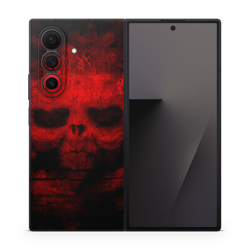 Samsung Galaxy Z Fold7 Skin design of Red, Skull, Bone, Darkness, Mouth, Graphics, Pattern, Fiction, Art, Fractal art, with black, red colors