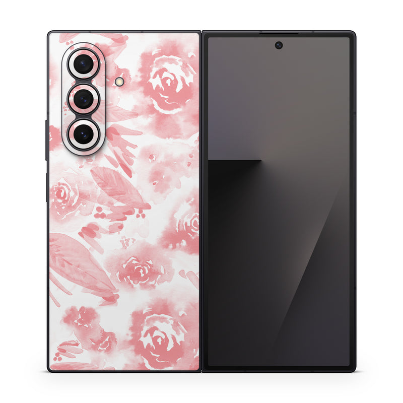 Samsung Galaxy Z Fold7 Skin design of Pink, Pattern, Rose, Design, Floral design, Rose family, Garden roses, Petal, Flower, Textile, with white, red, pink colors