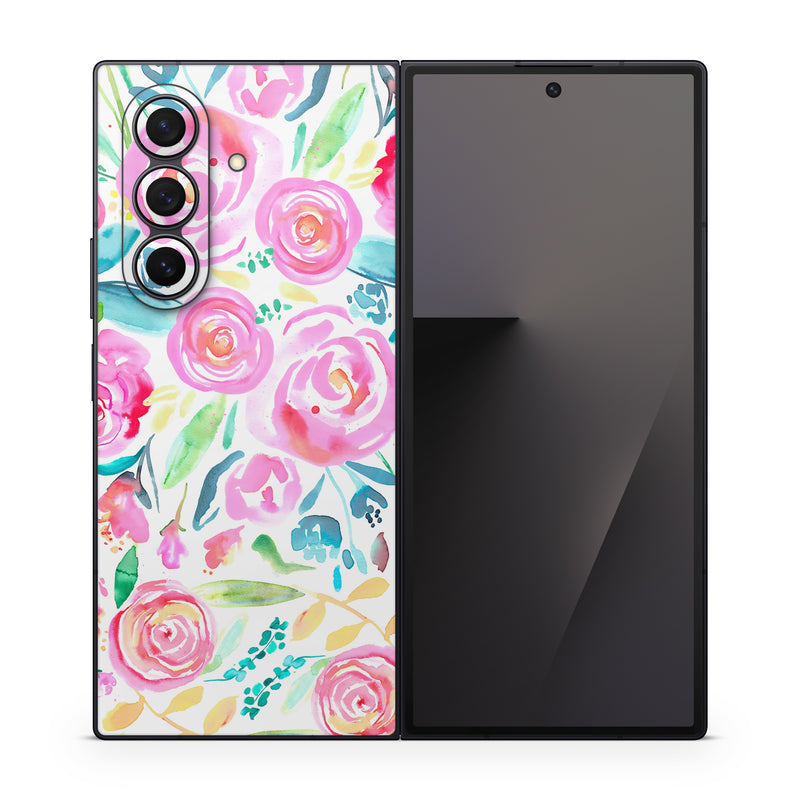 Samsung Galaxy Z Fold7 Skin design of Flower, Plant, Petal, Pink, Art, Material property, Magenta, Flowering plant, Pattern, Rose family, with white, pink, green, blue, yellow colors