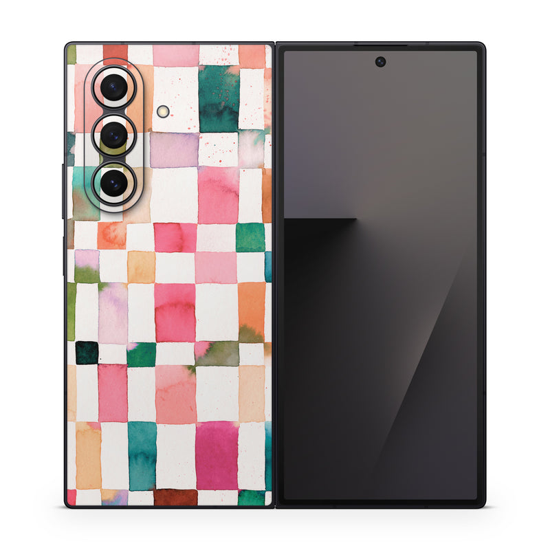 Samsung Galaxy Z Fold7 Skin design of Brown, Rectangle, Product, Textile, Art, Pink, Line, Aqua, Magenta, Symmetry, with white, pink, green, red, blue, orange, purple colors