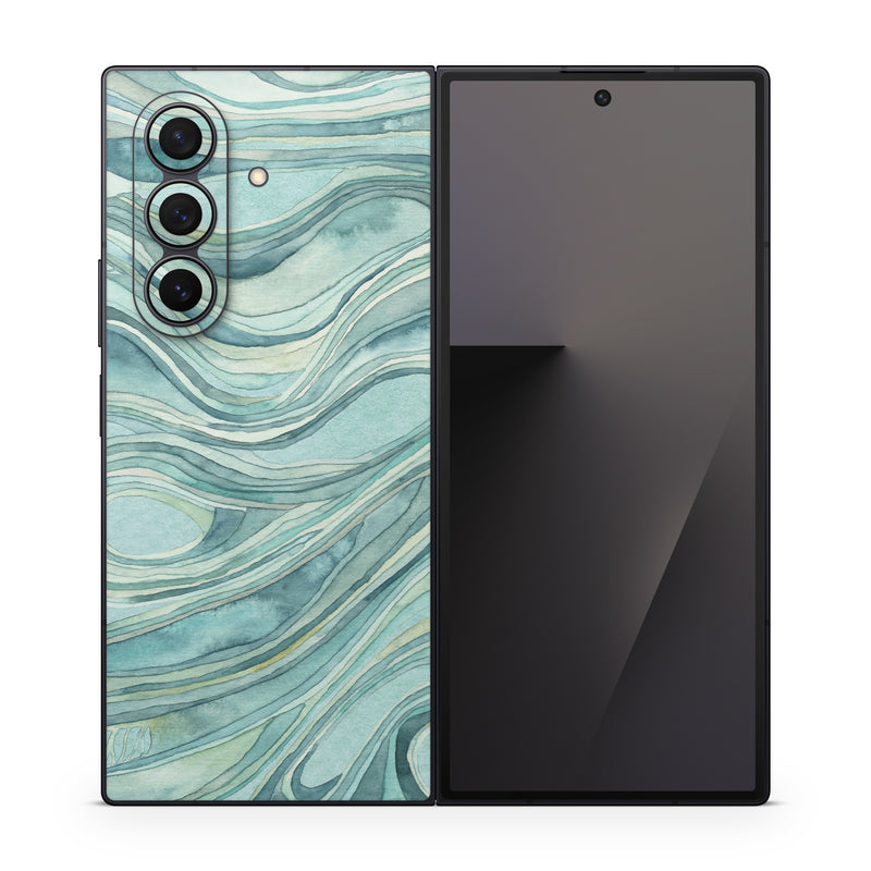 Samsung Galaxy Z Fold7 Skin design of Aqua, Blue, Pattern, Turquoise, Teal, Water, Design, Line, Wave, Textile, with gray, blue colors