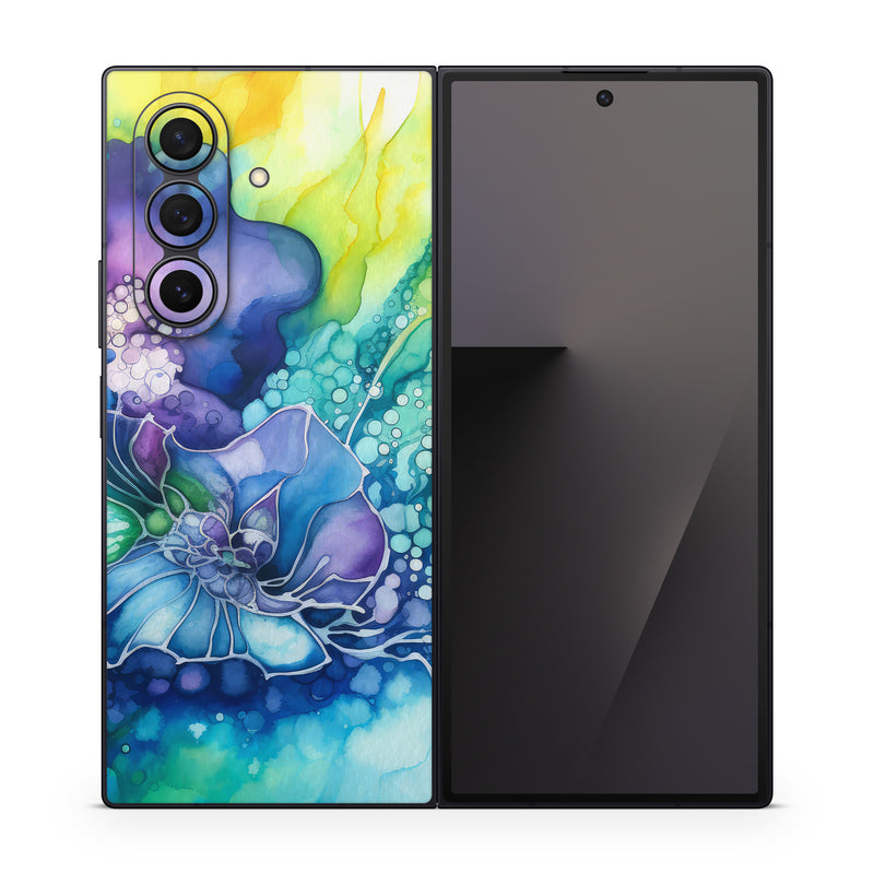 Samsung Galaxy Z Fold7 Skin design of Flower, Plant, Art paint, Petal, Blue, Azure, Purple, Art, Paint, Painting, with blue, yellow, green, purple, white, orange colors