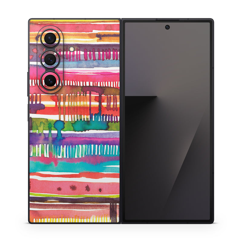 Samsung Galaxy Z Fold7 Skin design of Textile, Art, Magenta, Hair accessory, with white, red, orange, yellow, green, blue, purple, brown, pink colors