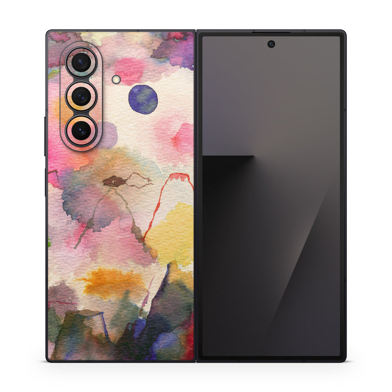 Samsung Galaxy Z Fold7 Skin design of Watercolor paint, Flower, Textile, Painting, Art, Plant, Pattern, Visual arts, Floral design, Paint, with white, pink, red, yellow, green, blue, black, orange colors