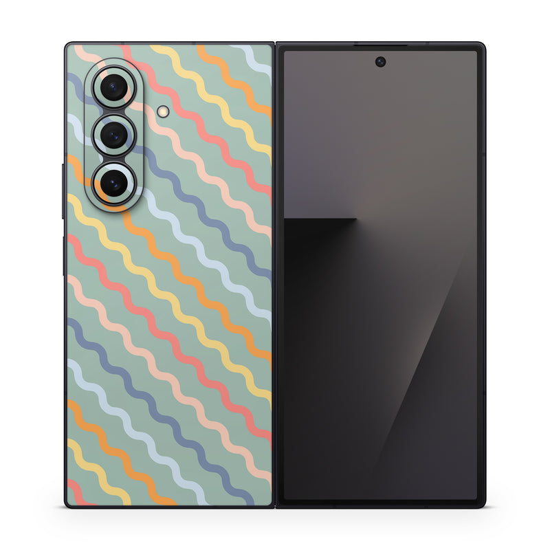 Samsung Galaxy Z Fold7 Skin design of Azure, Blue, Orange, Textile, Wood, Art, Font, Line, Aqua, Symmetry, with blue, orange, yellow, pink colors