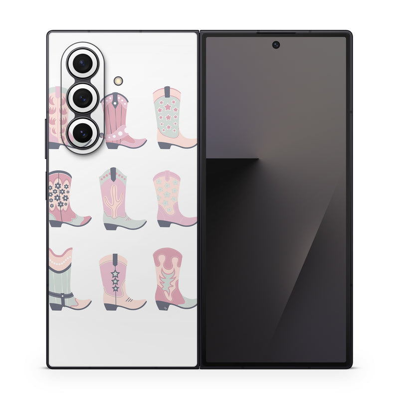 Samsung Galaxy Z Fold7 Skin design of Footwear, Shoe, White, Durango boot, Product, Fashion, Textile, Pink, Font, Red, with pink, white, blue, brown colors