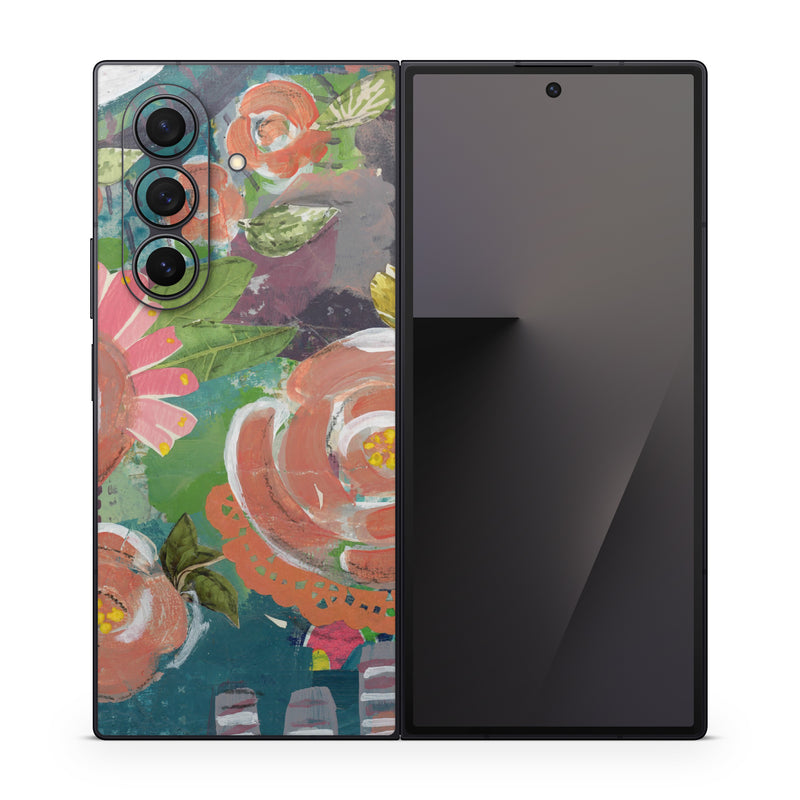 Samsung Galaxy Z Fold7 Skin design of Painting, Watercolor paint, Still life, Child art, Art, Illustration, Acrylic paint, Flower, Visual arts, Textile, with green, pink, red, yellow, blue, white, black, gray colors