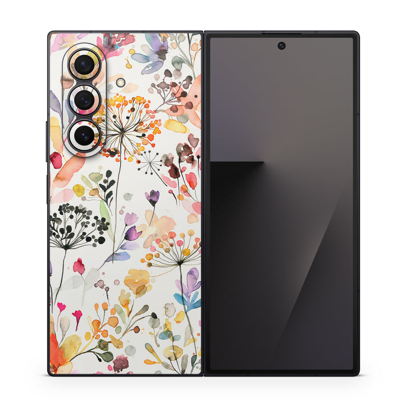 Samsung Galaxy Z Fold7 Skin design of Flower, Petal, Rectangle, Branch, Creative arts, Plant, Line, Art, Painting, Font, with white, pink, red, yellow, orange, green, blue, purple colors