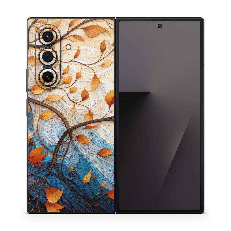 Samsung Galaxy Z Fold7 Skin design of Dishware, Orange, Textile, Sleeve, Serveware, Petal, Pattern, Porcelain, Electric blue, Art, with yellow, orange, red, white, blue, brown colors