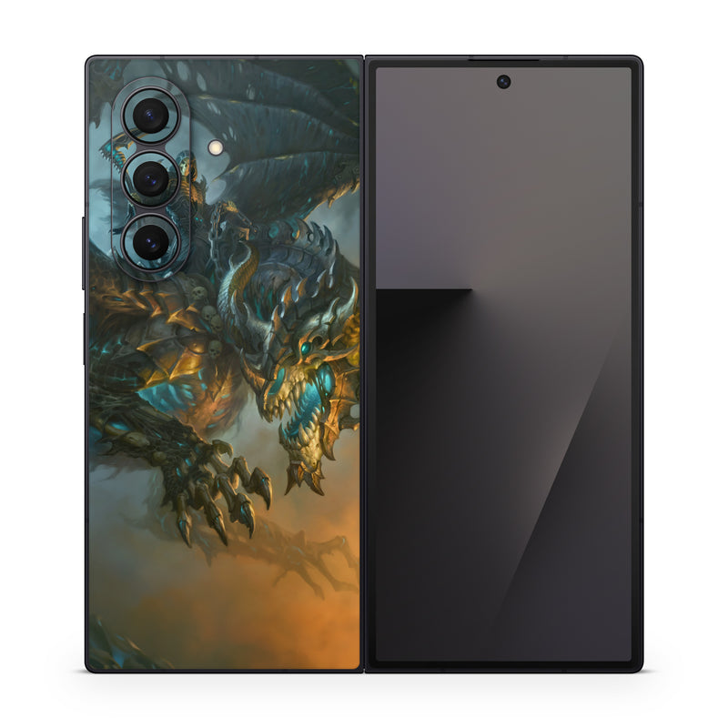 Samsung Galaxy Z Fold7 Skin design of Dragon, Cg artwork, Fictional character, Mythical creature, Demon, Mythology, Illustration, Cryptid, Art, with orange, yellow, black, brown, blue, white colors